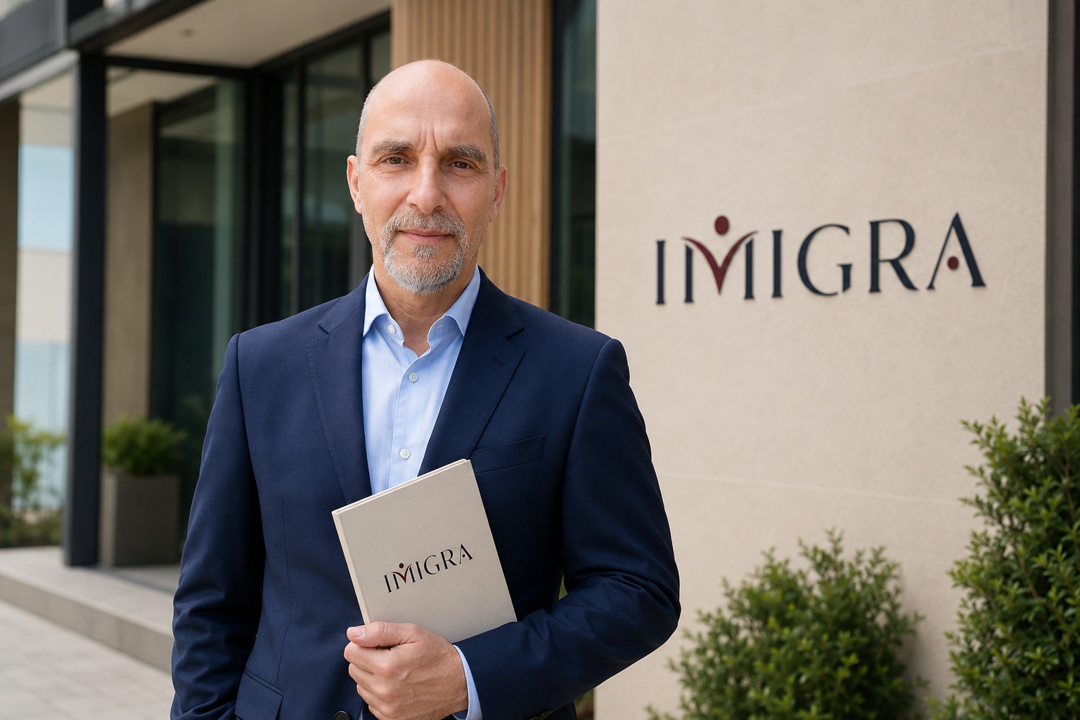 Tobias Kasimir mit IMIGRA-Unterlagen vor dem Unternehmensstandort